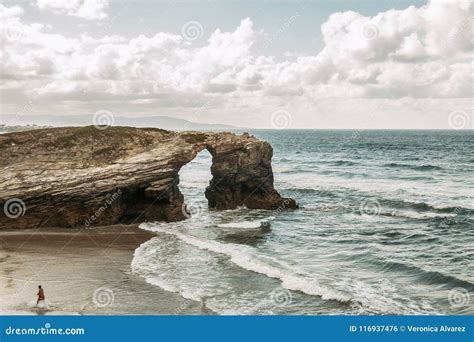 Beach Of The Cathedrals With Large Stones Of Ribadeo Spain Stock Photo