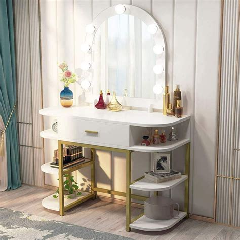 Tribesigns Large Vanity Table With Lighted Mirror And Drawer Bedroom Makeup Table With 9 Lights