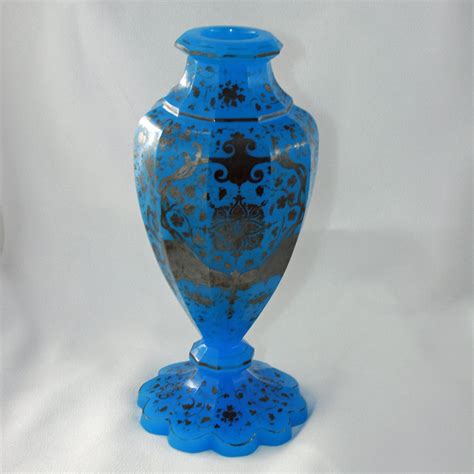Antique French Blue Opaline Glass Vase Hand Blown With Hand Painted Silver Gilding Design 1800