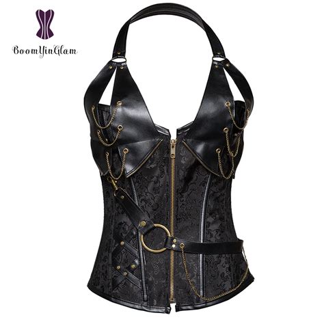 uaang women s black lingerie sexy halterneck corset gothic steampunk leather corselet with g