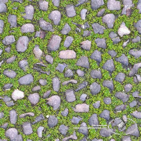 Road Rounded Cobblestone With Green Grass Texture Seamless 20194