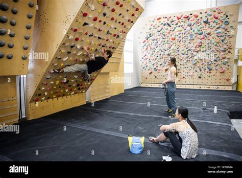 Climbers At Session Wall In Climbing Gym Stock Photo Alamy