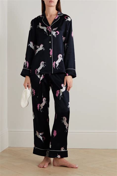 Olivia Von Halle Lila Printed Silk Satin Pajama Set Satin Pyjama Set