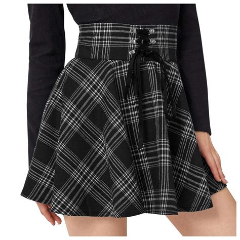 Buy Womens High Waisted Short A Line Flare Gothic Mini Black Red Plaid Pleated Skirt Dress