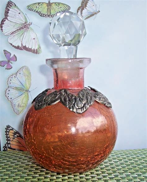 Vintage Crackled Amber Glass Perfume Bottle W Crystal Stopper