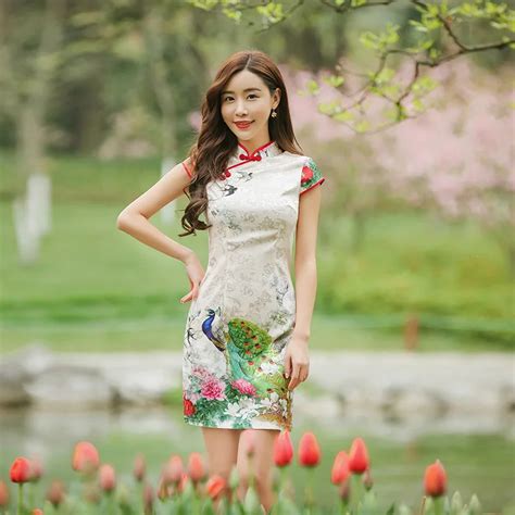 print peacock vintage traditional chinese women slim short sleeve cheongsam qipao dress mandarin