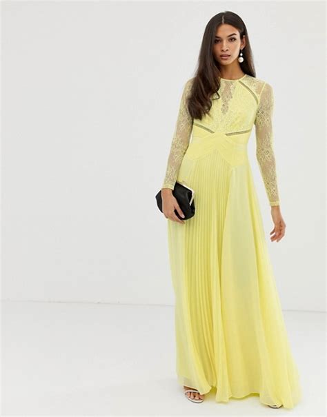 Asos Design Long Sleeve Lace Paneled Pleat Maxi Dress Asos