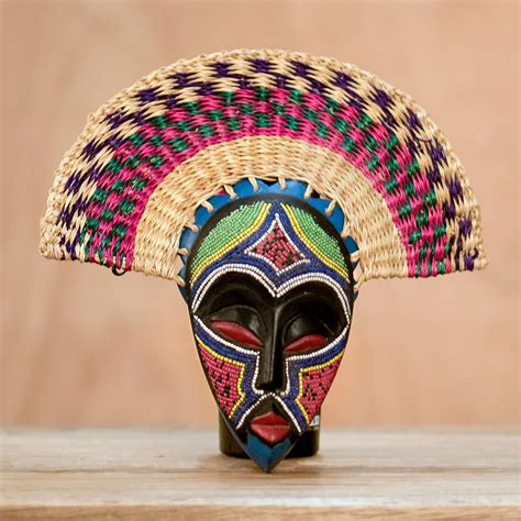 Unicef Market Eco Friendly African Wood Mask With Raffia From Ghana