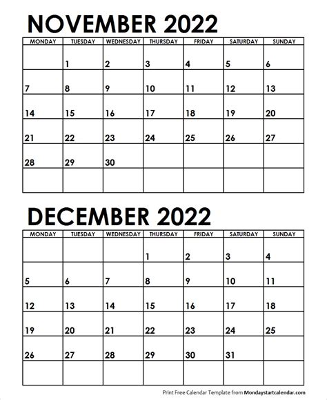 November December 2022 Printable Calendar Printable Calendar 2023