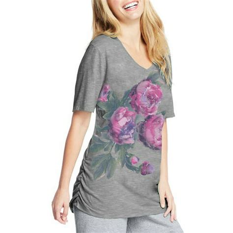 Just My Size Womens Plus Size Printed Short Sleeve Shirred V Neck T