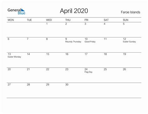 Printable April 2020 Monthly Calendar With Holidays For Faroe Islands