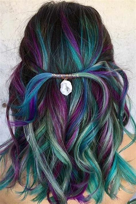 40 rainbow hair ideas for brunette girls — no bleach required peacock hair color bright hair
