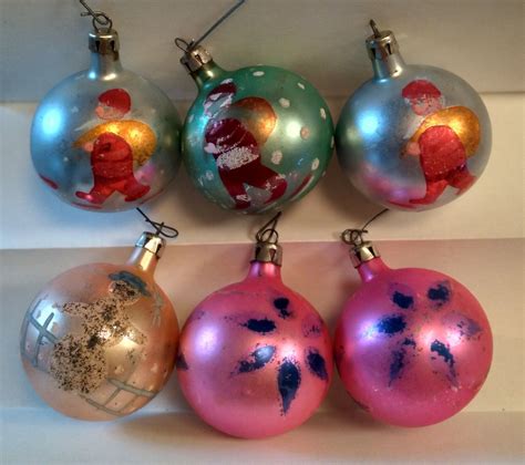 6 Vintage MCM Mercury Glass Christmas Ornaments Snowman Santa Painted