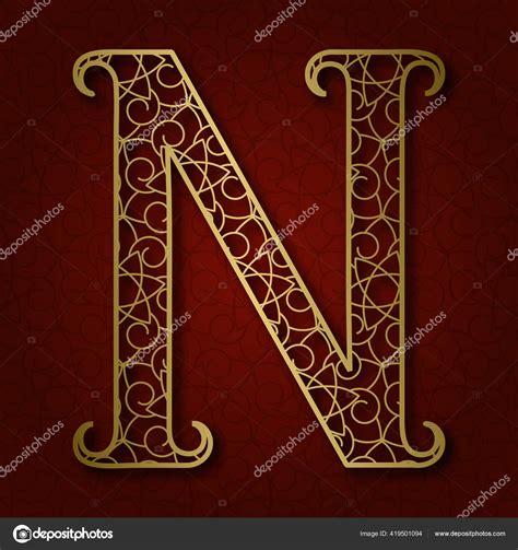 Golden Ornamental Letter Flourishes Red Patterned Background Stock