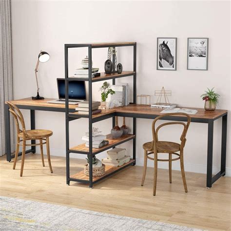 Tribesigns Two Person Computer Desk With Bookshelf 90 Inches Double