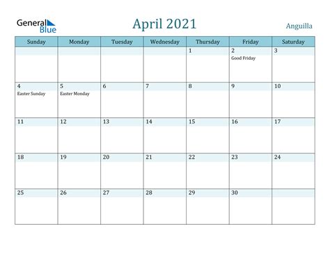 Blank printable april 2021 calendar templates in pdf and jpg format. April 2021 Calendar - Anguilla
