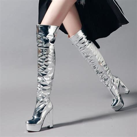 silver mirror thigh high long over the knee platforms super
