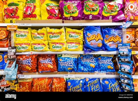 England London Supermarket Display Of Junk Food Snacks Stock Photo