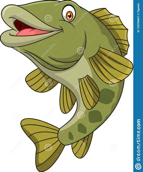 Cartoon Bass Fish Isolated On White Background Stock