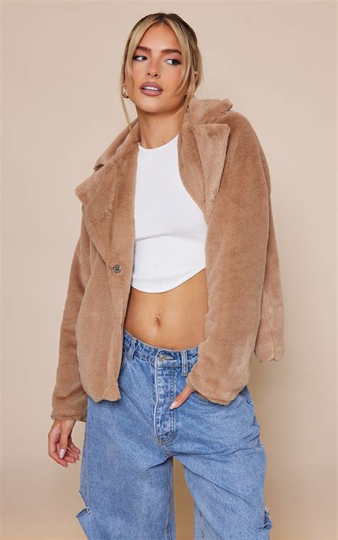 Camel Faux Fur Cropped Coat Outerwear Prettylittlething Aus