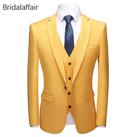 Kuson Yellow Man Suit Set 3 Pieces Formal Wedding Dress Groom Tuxedos