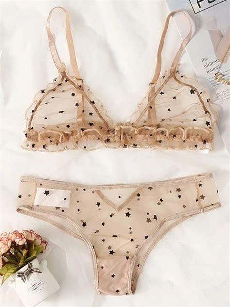 Two Pieces Star Print See Through Mesh Lingerie Set