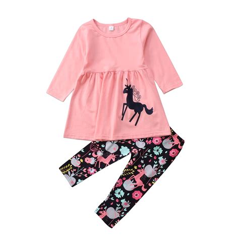 Toddler Girls Long Sleeve Floral Dress Unicorn Clothing Set Kids Tops