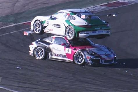Following A Tightly Packed Corner Entry Two Porsche Cup Cars Were