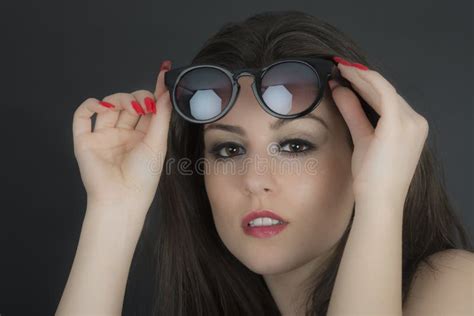 Beautiful Long Hair Brunette Woman Wearing Sunglasses Portrait Stock