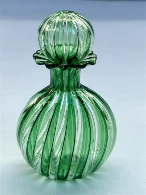 Murano 🇮🇹 Italy Perfume Bottle Wstopper Hand Blown Green Swirl Glass
