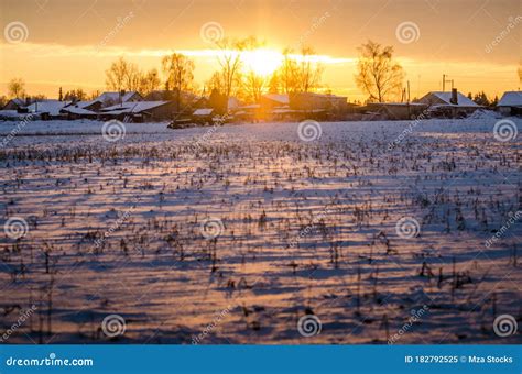 Snowy Meadow Field With Cloudy Sky In Sunrise Stock Image Image Of