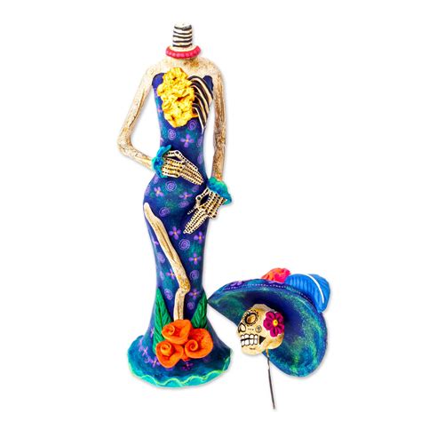 Hand Painted Catrina Sculpture In Ceramic Beauty Immortal In Blue