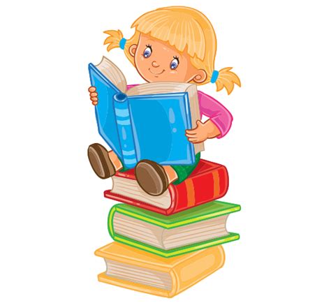Clipart Sıralı Dizilmiş Kitapların üzerinde Kitap Okuyan Kız çocuk Resmi Funny Cartoon