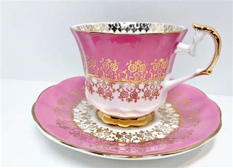 Pink Gold Tea Cup And Saucer Elizabethan Teacup And Saucer Antique Tea Cups Bone China Tea