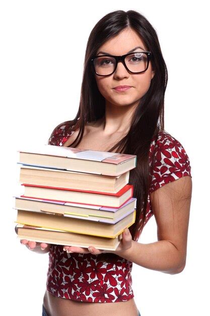 Premium Photo Beautiful College Girl In Glasses Standing And Holding Books