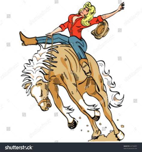 Sexy Vintage Or Retro Cartoon Cowgirl Riding A Bucking Bronco In A Rodeo In Sixties Pop Art