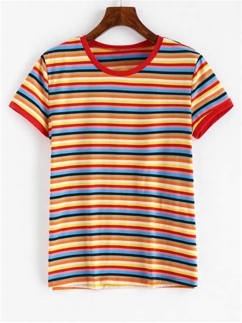 Short Sleeve Colorful Stripes T Shirt Multi S Stripe Tshirt Black Crop Tee Shirts