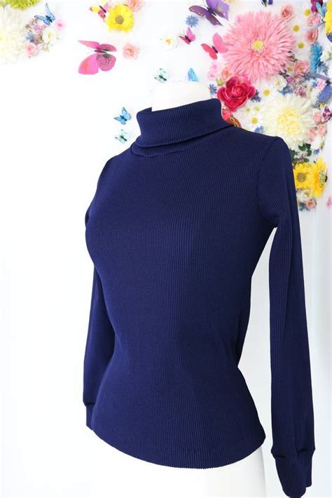 1960s 70s Turtleneck Pullover Sweater Navy Blue Ribbed Knit Long Sleeve