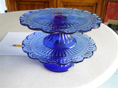 Country Treasures Footed Blue Glass Cake Plates For Sale