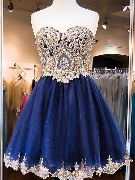 A Line Sweetheart Tulle With Gold Lace Appliqued Homecoming Dresses