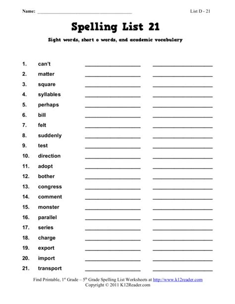 Spelling List 21 Sight Words Short O Words And Academic Vocabulary