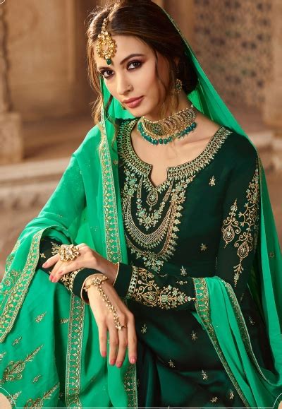Dark Green Satin Georgette Embroidered Sharara Style Pakistani Suit 46071