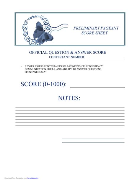 Preliminary Pageant Official Answers Score Free Download