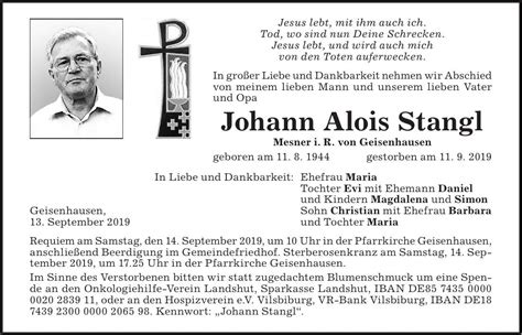 10d, 84137, vilsbiburg deutschland inklusive kontaktdaten wie adresse, telefonnummer, webseite, anfahrtsplan u.a. Traueranzeige Familienanzeigen / Todesanzeigen - idowa Markt