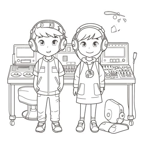 Two People Standing In Front Of An Audio Console Coloring Pages Outline