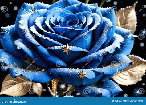 Snowy Blue Rose With Gold In The Night Stock Photo Image Of Rose