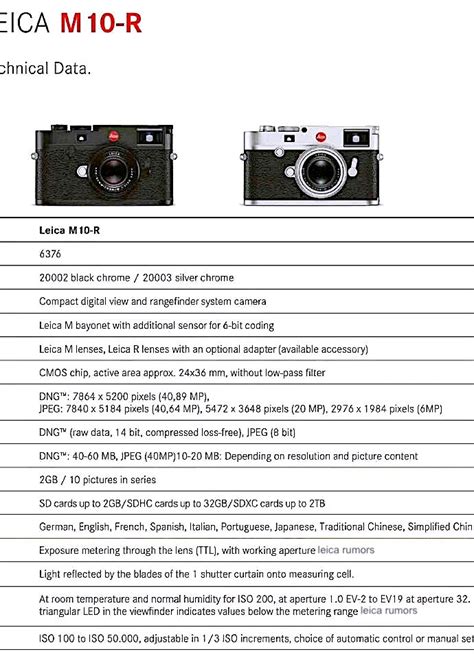 Leica M10 R Camera Specifications Leica Rumors
