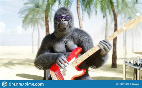 Funny Gorillas And Monkeys Play On Guitar And Drums Rock Party On