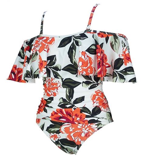 Vintage Shoulder Swimsuit Monokini Floral Bloom C Qosten