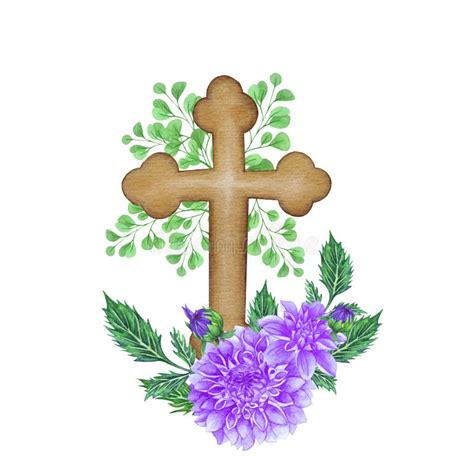 Purple Dahlia Floral Cross Easter Illustration Watercolor Wedding Cross Stock Illustration